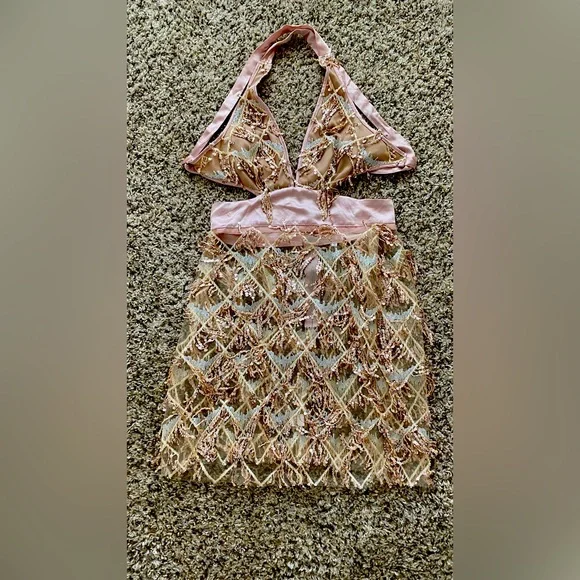 Amazon | Dresses | Sheer Rose Gold Sequin Halter Dress | Poshmark